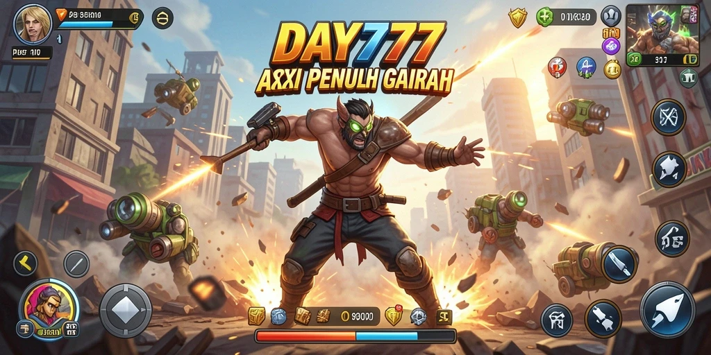 Screenshot utama yang menampilkan pertempuran cepat dan mendebarkan dalam DAY777.