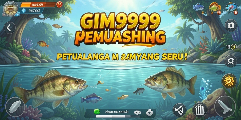Screenshot GIM999 menampilkan pemain yang sedang memancing di danau yang indah.
