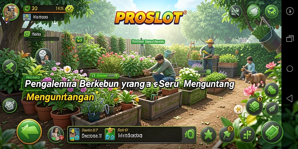 Screenshot utama PROSLOT menunjukkan petak kebun yang hijau dan tanaman yang subur.
