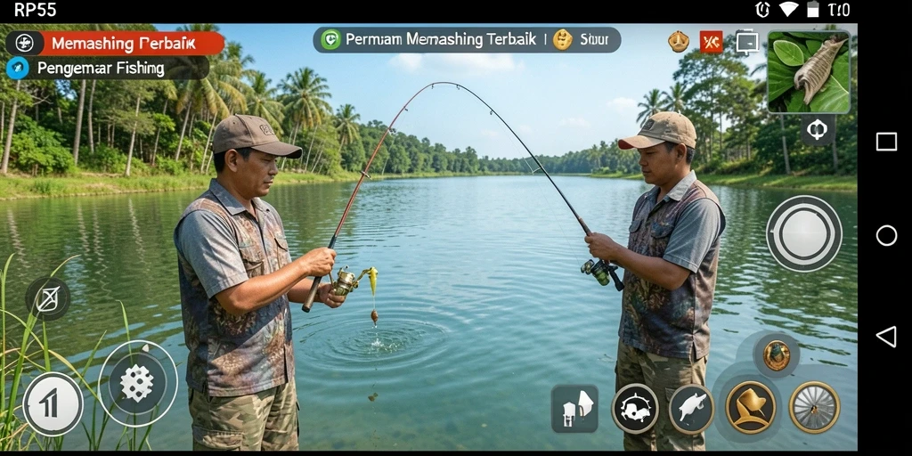 Screenshot utama RP55 menampilkan pemain yang menangkap ikan di danau.