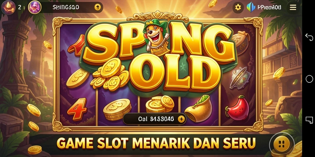 Tampilan gameplay SPINGOLD menampilkan gulungan slot yang penuh warna dan fitur bonus.