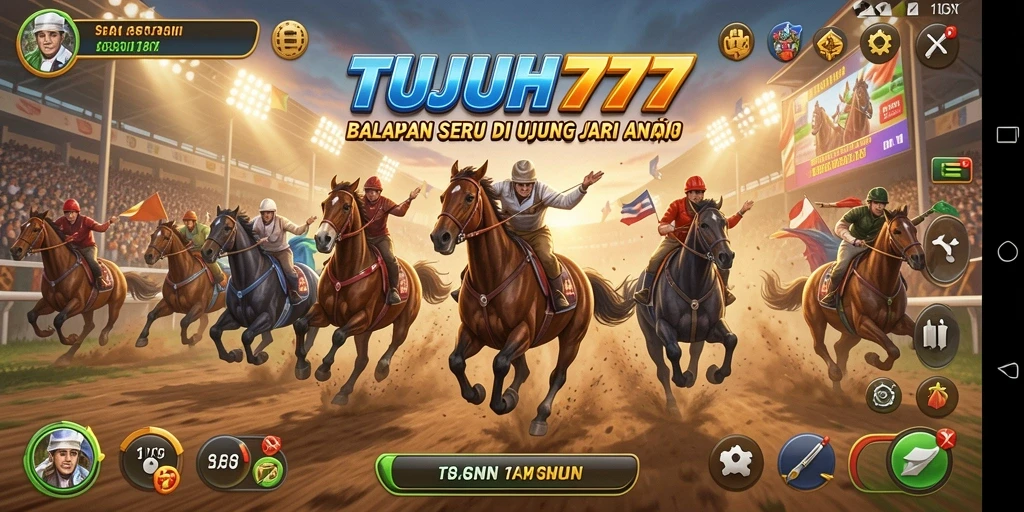 Gambar gameplay TUJUH777 menampilkan balapan seru dengan mobil kustom.